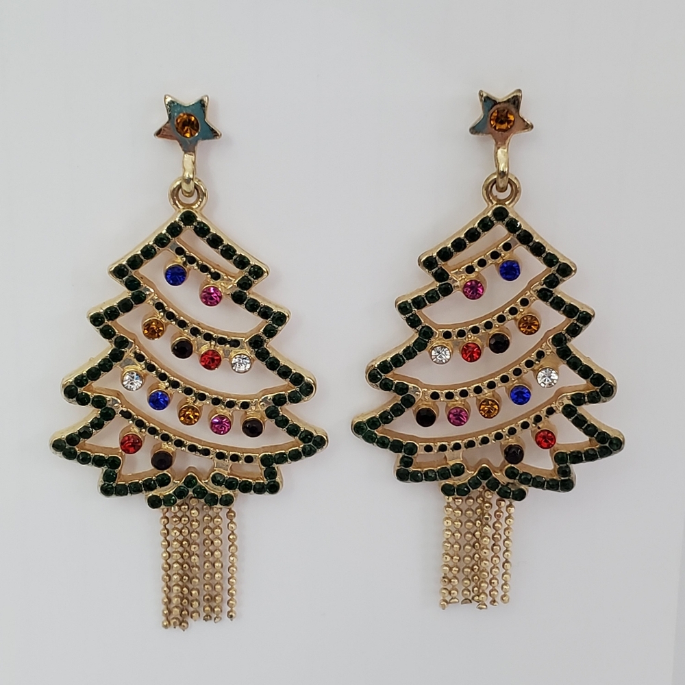 Earrings - Holiday Time Christmas Tree With Green, Red, White Rhinestones